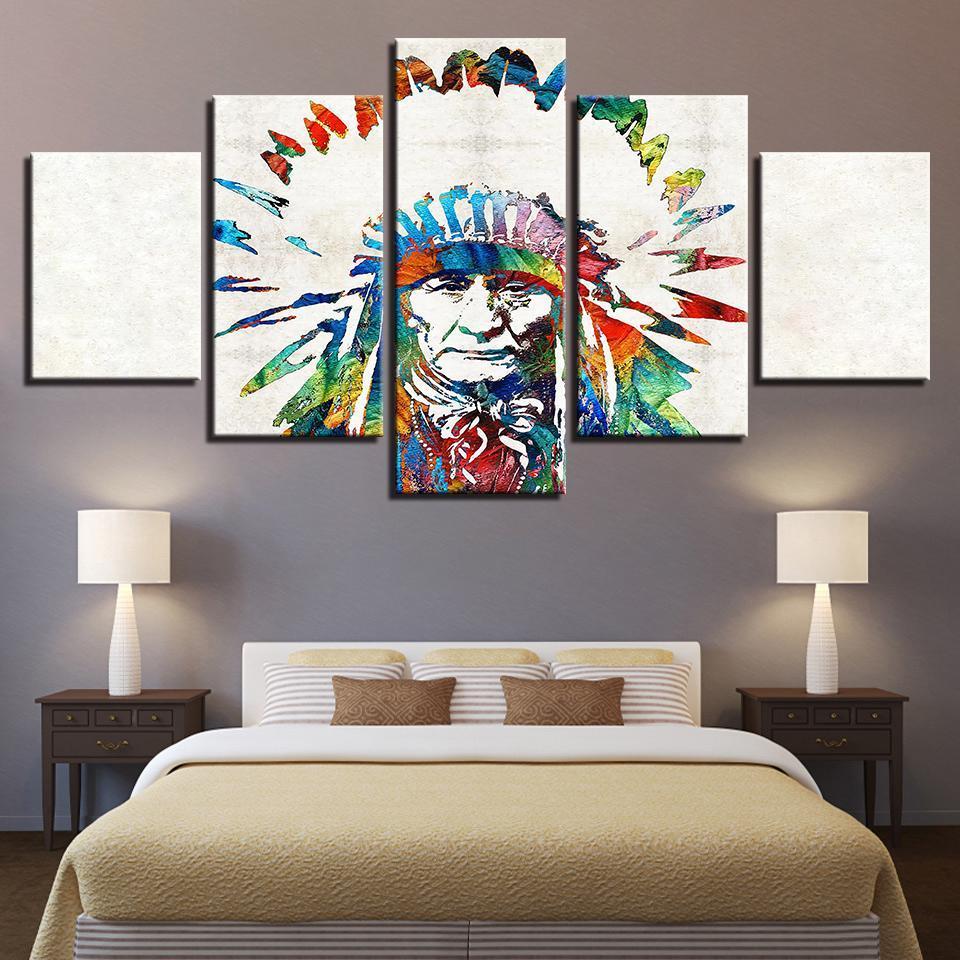 Native American Indian Feather - Abstract 5 Panel Canvas Art Wall Decor