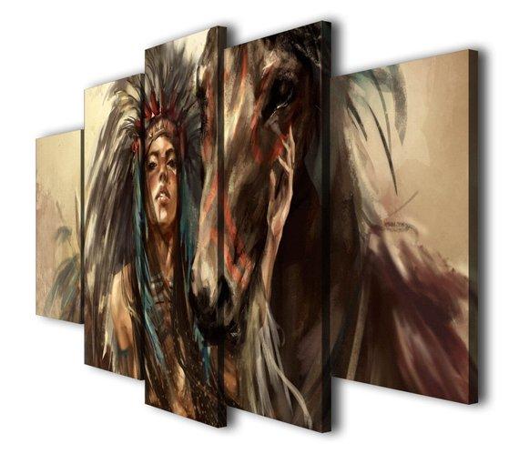 Native American Women Horse - Abstract 5 Panel Canvas Art Wall Decor
