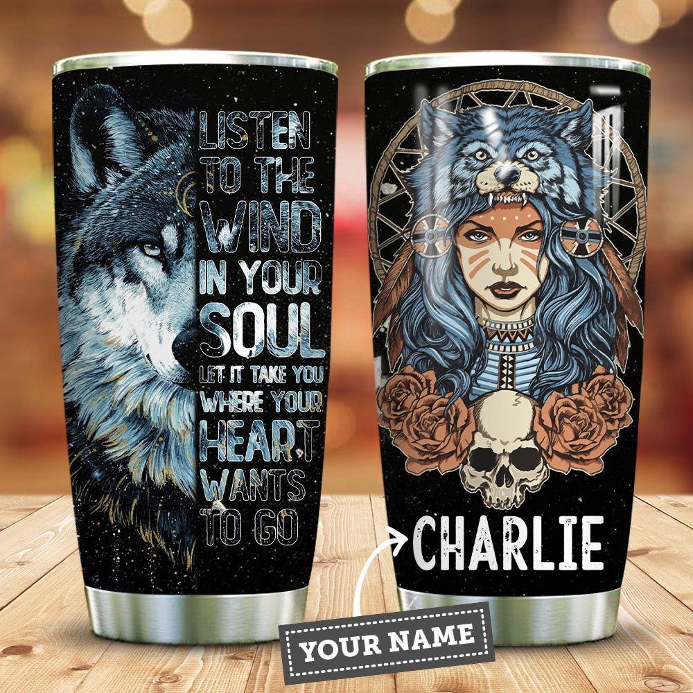 Native Wolf Girl Personalized Stainless Steel Tumbler