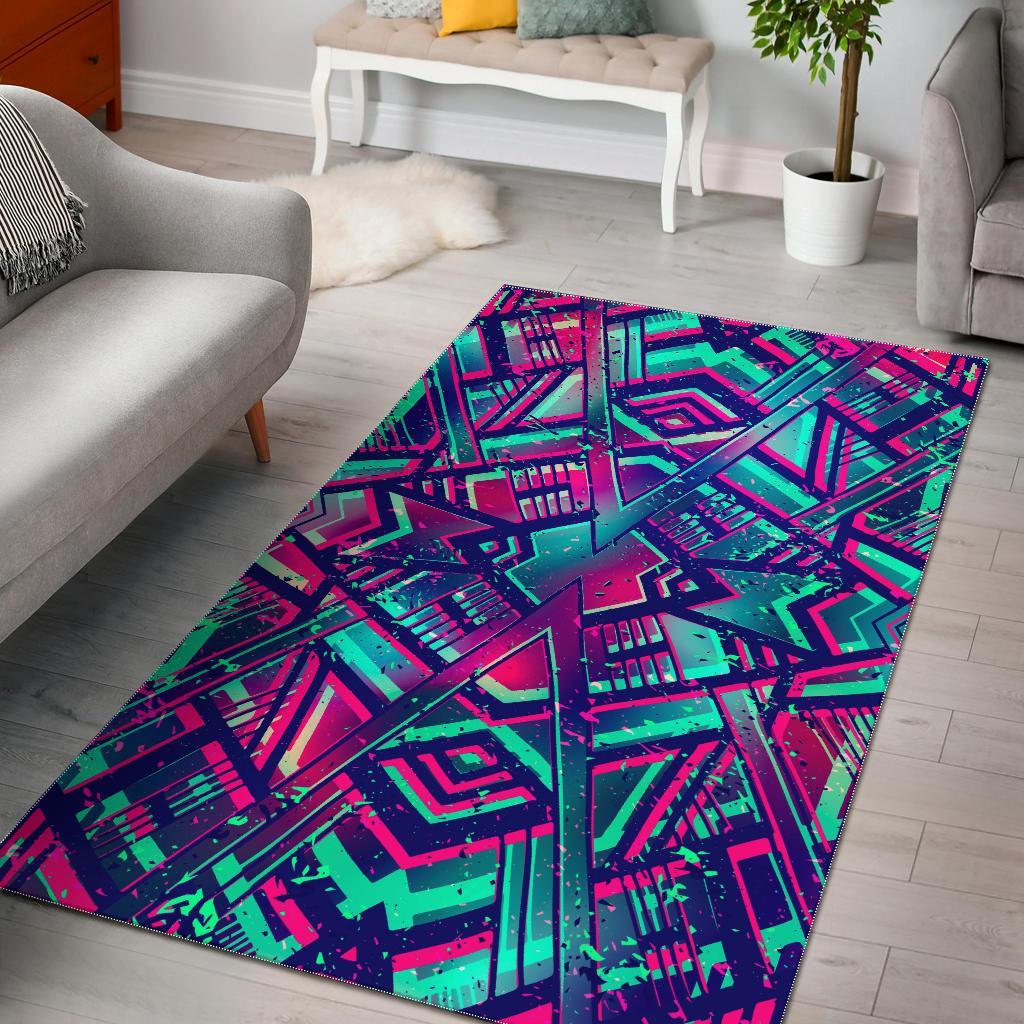 Neon Ethnic Aztec Trippy Print Area Rug Floor Decor