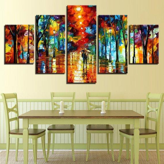 Night View Lovers Trees - Abstract 5 Panel Canvas Art Wall Decor