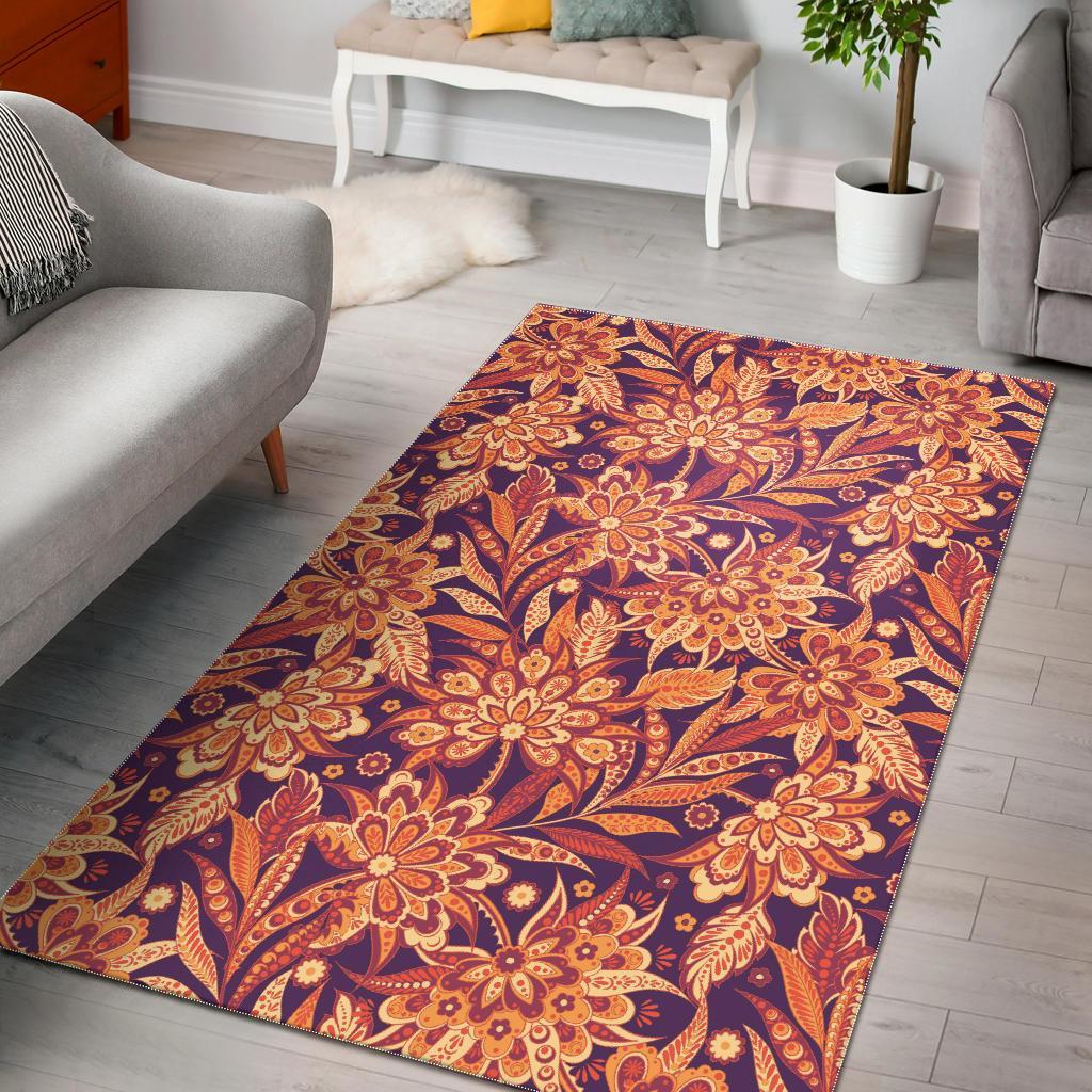 Orange Bohemian Floral Pattern Print Area Rug Floor Decor