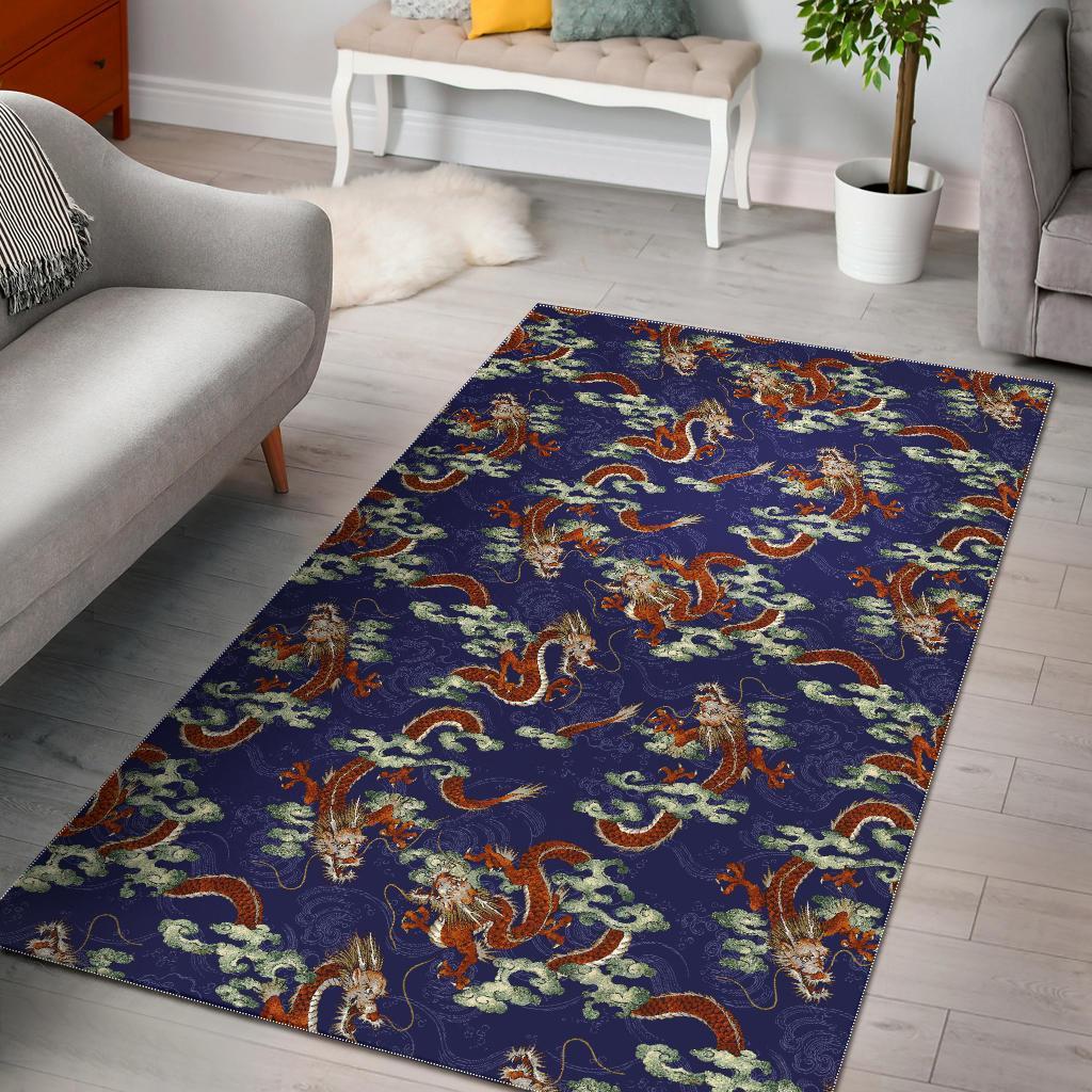 Orange Japanese Dragon Pattern Print Area Rug Floor Decor