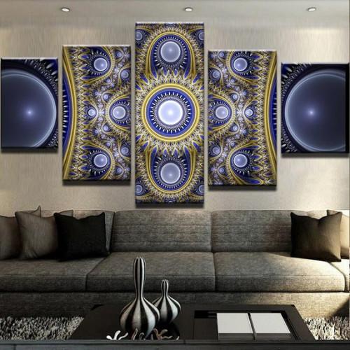 Ornate Blue Fractals - Abstract 5 Panel Canvas Art Wall Decor