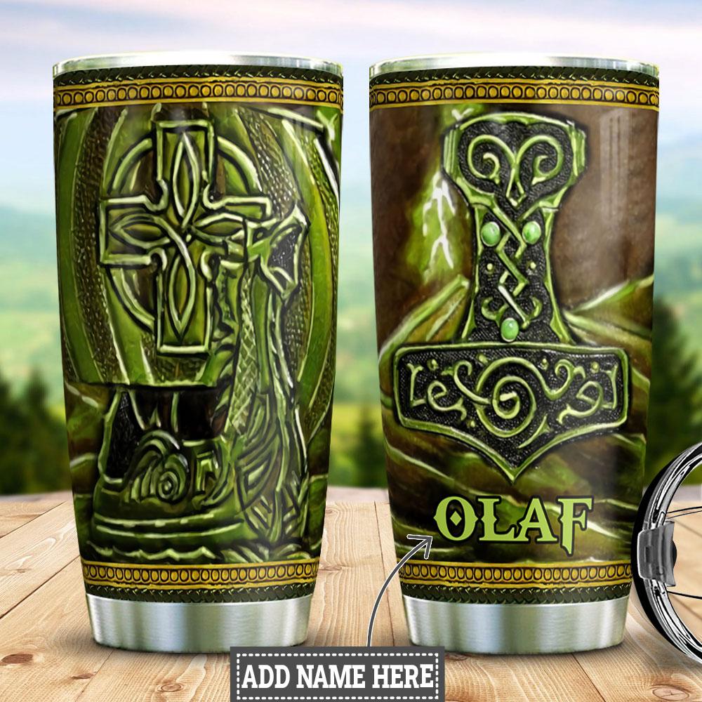 Personalized Green Viking Leather Style Stainless Steel Tumbler