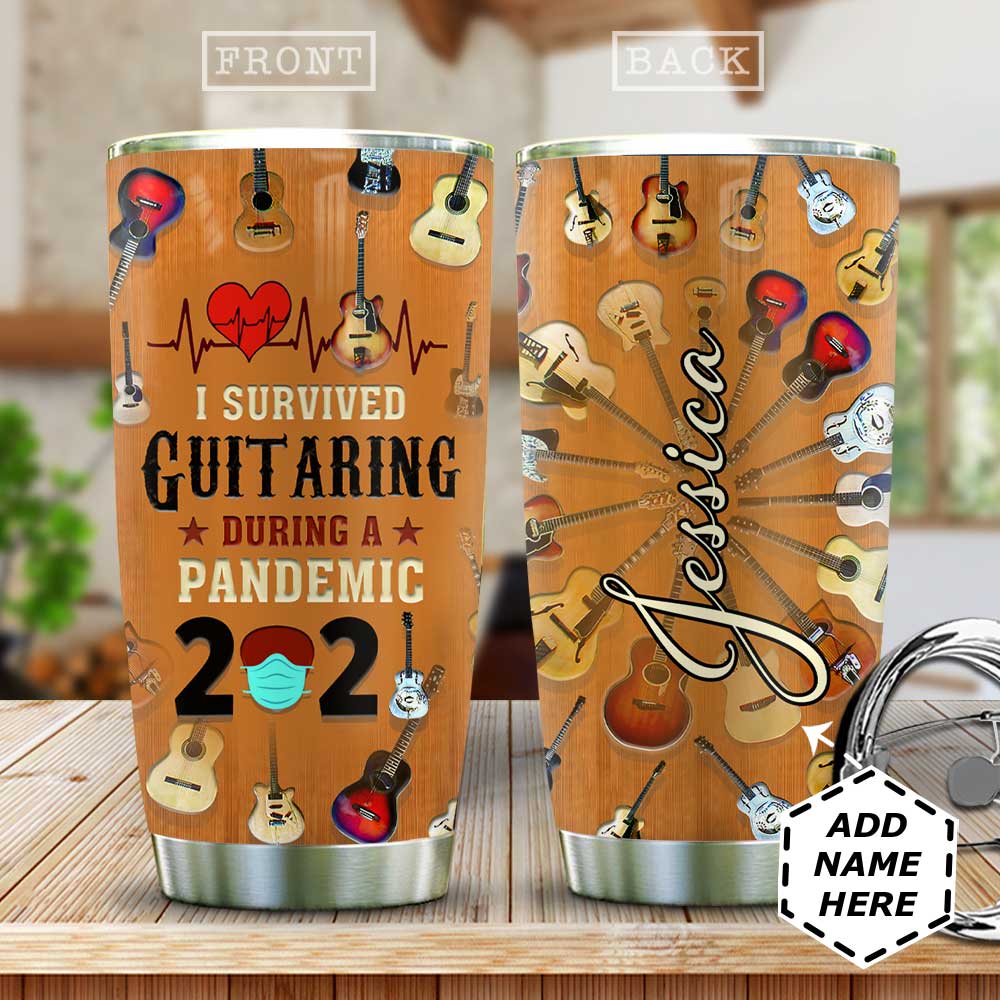 Personalized Guitar Survive During Pandemic Wooden Style Stainless Steel Tumbler