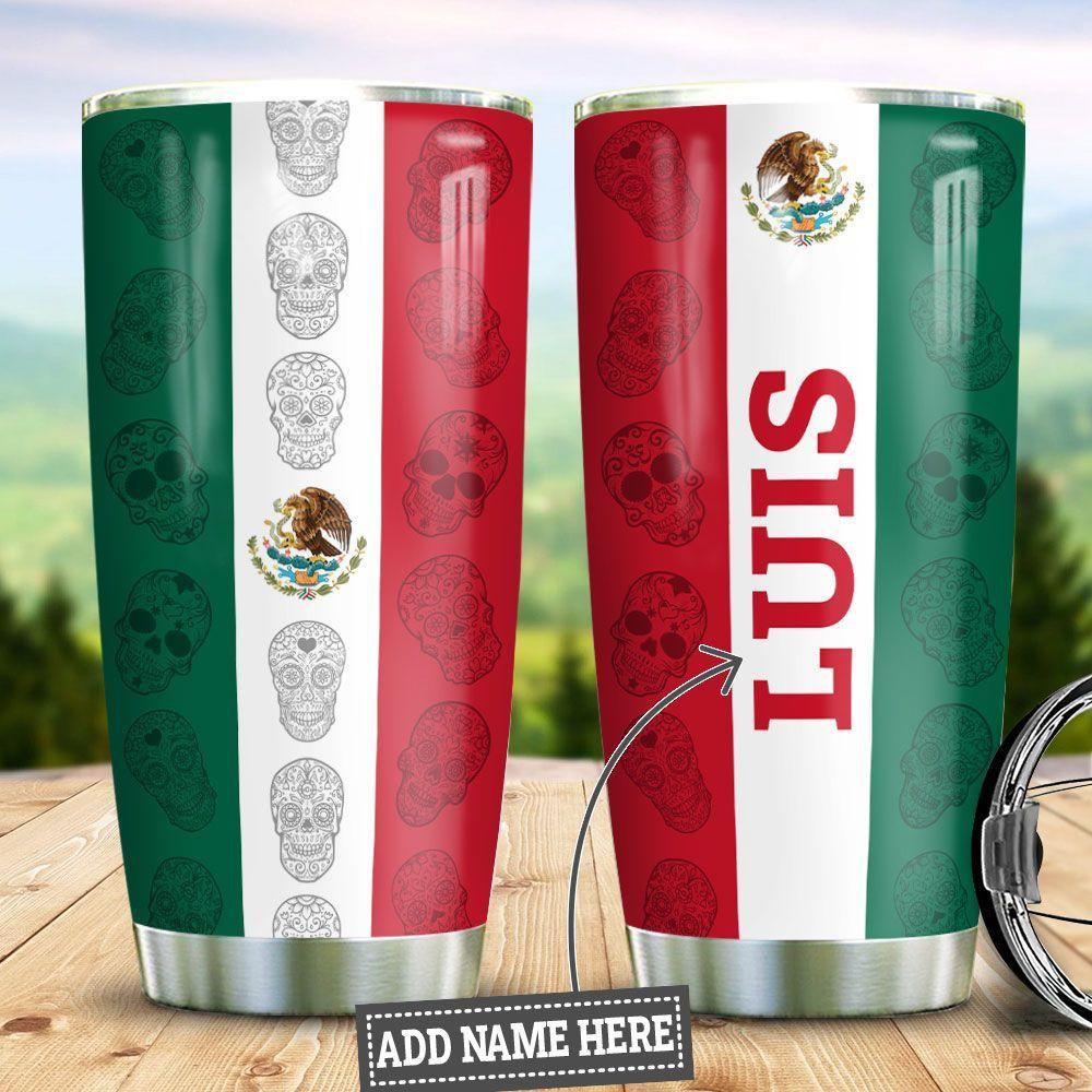 Personalized Mexico Flag Sugar Skull Stainless Steel Tumbler
