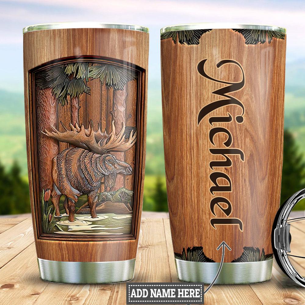 Personalized Moose Hunting Wooden Style Stainless Steel Tumbler