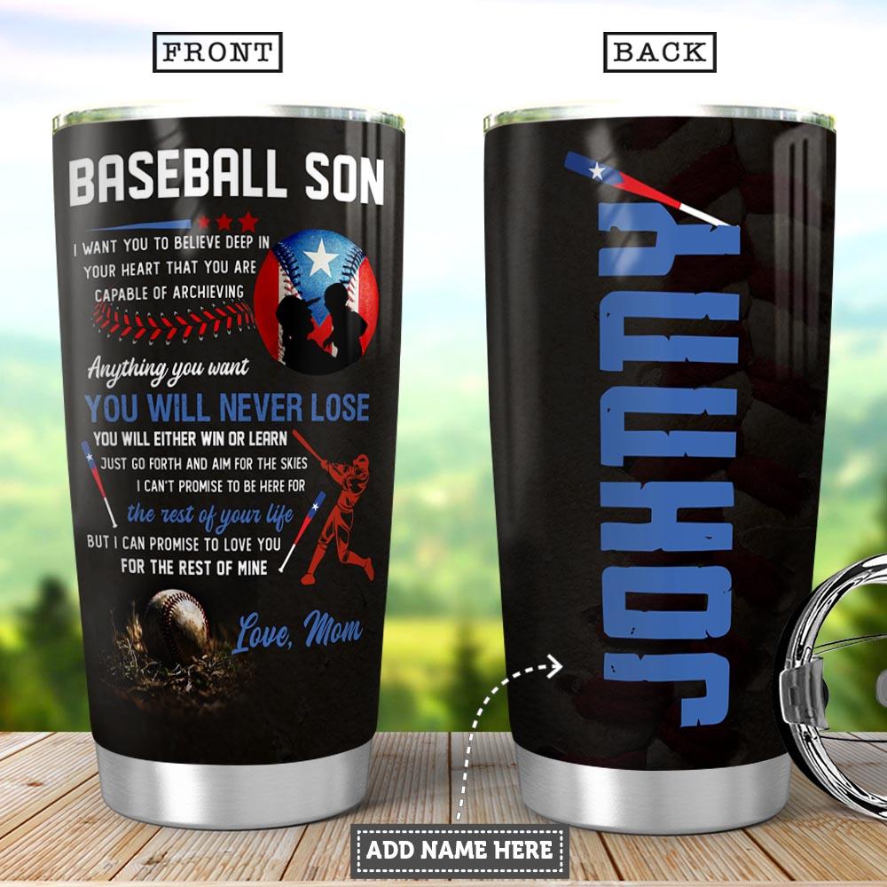 Personalized Puerto Rico Baseball Mom To Son Stainless Steel Tumbler
