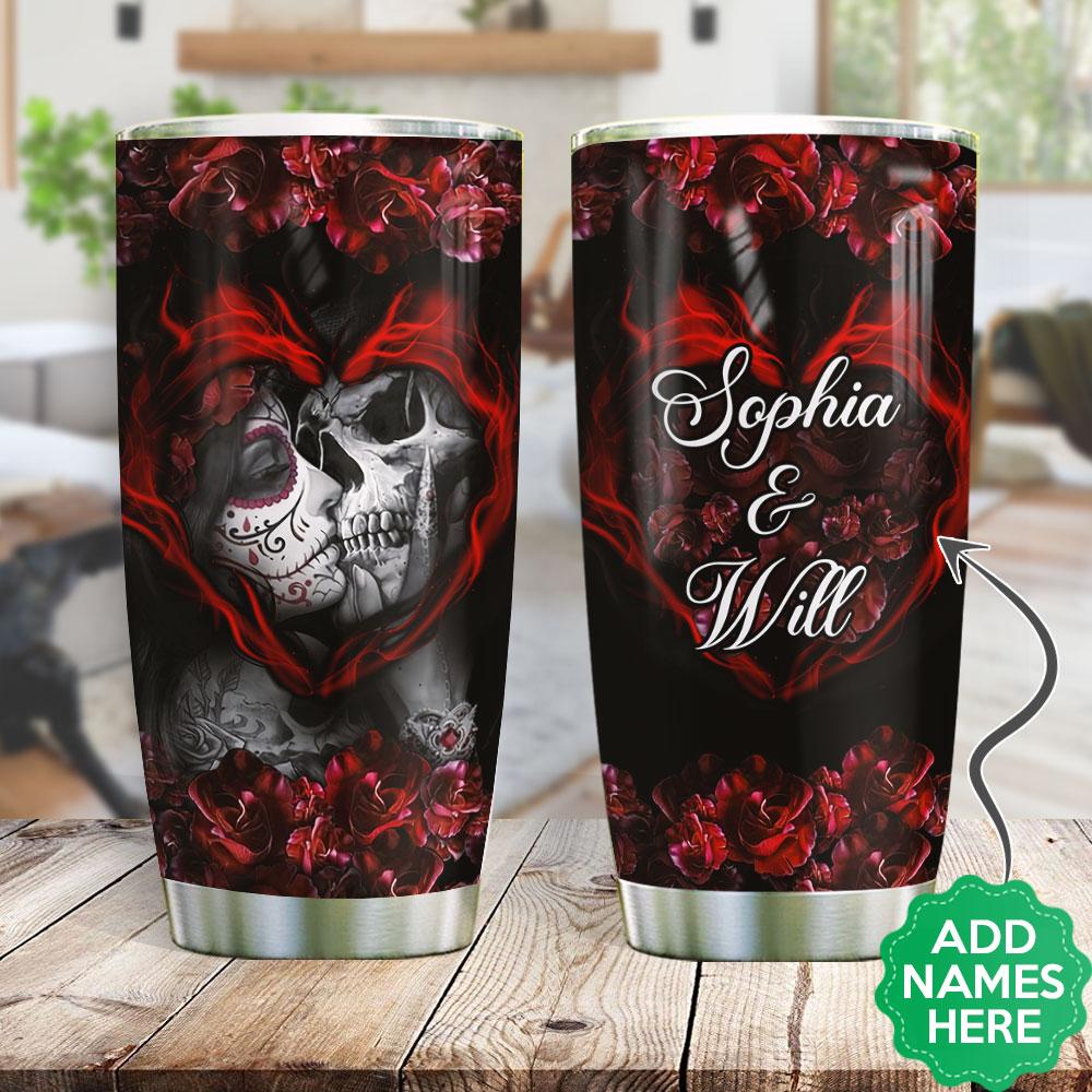 Personalized Skull Couple Fire Heart Stainless Steel Tumbler