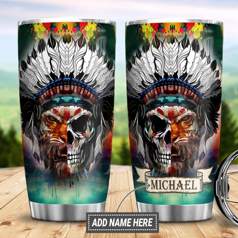 Personalized Skull Tiger Indian Tribal Stainless Steel Tumbler