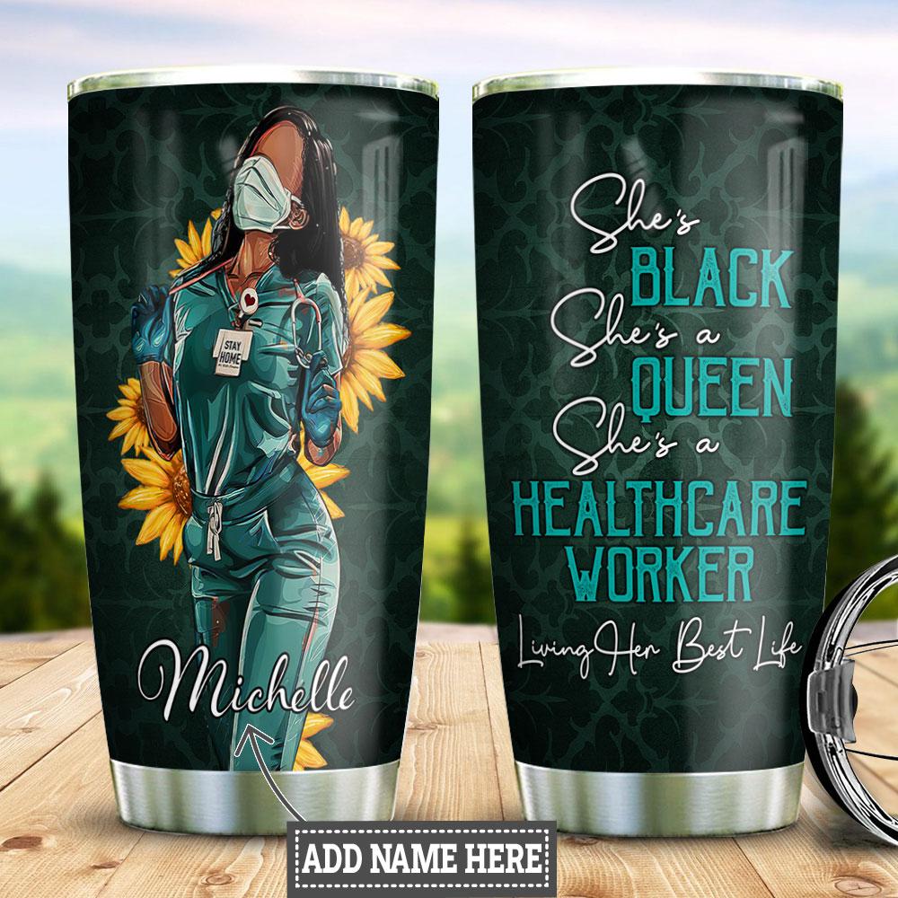 Personalized Sunflower Black Nurse Stainless Steel Tumbler