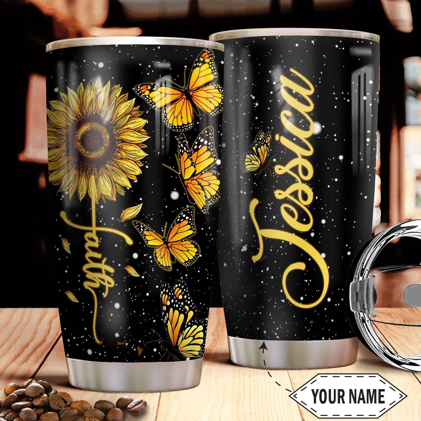 Personalized Sunflower Butterfly Faith Stainless Steel Tumbler
