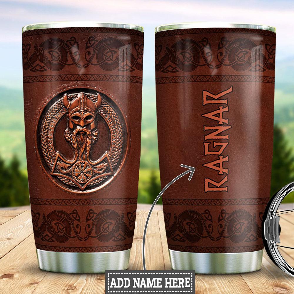 Personalized Viking Odin Leather Style Stainless Steel Tumbler