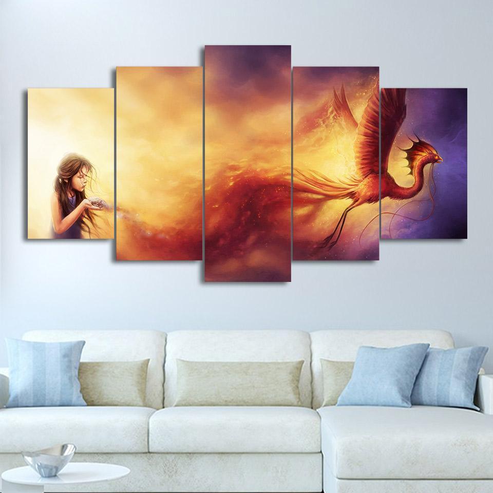 Phoenix And Little Girl Artistic Figures - Abstract 5 Panel Canvas Art Wall Decor