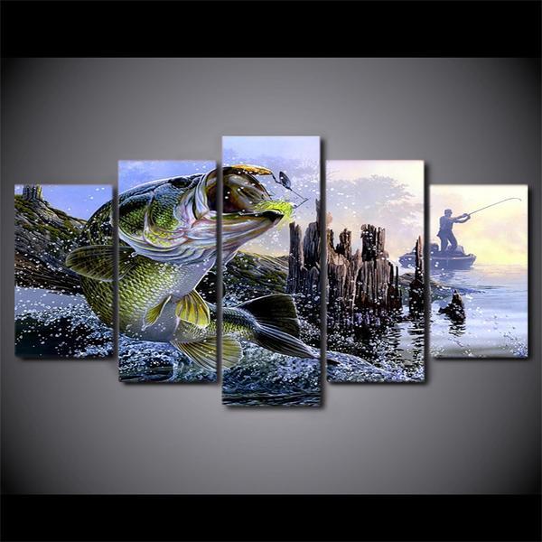 Piece Large Mouth Bass Fishing Fish - Abstract 5 Panel Canvas Art Wall Decor