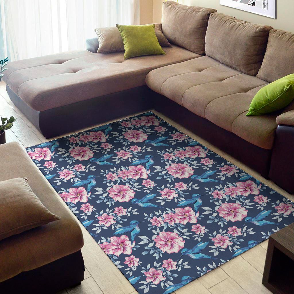 Pink Flowers And Hummingbird Print Area Rug Floor Decor
