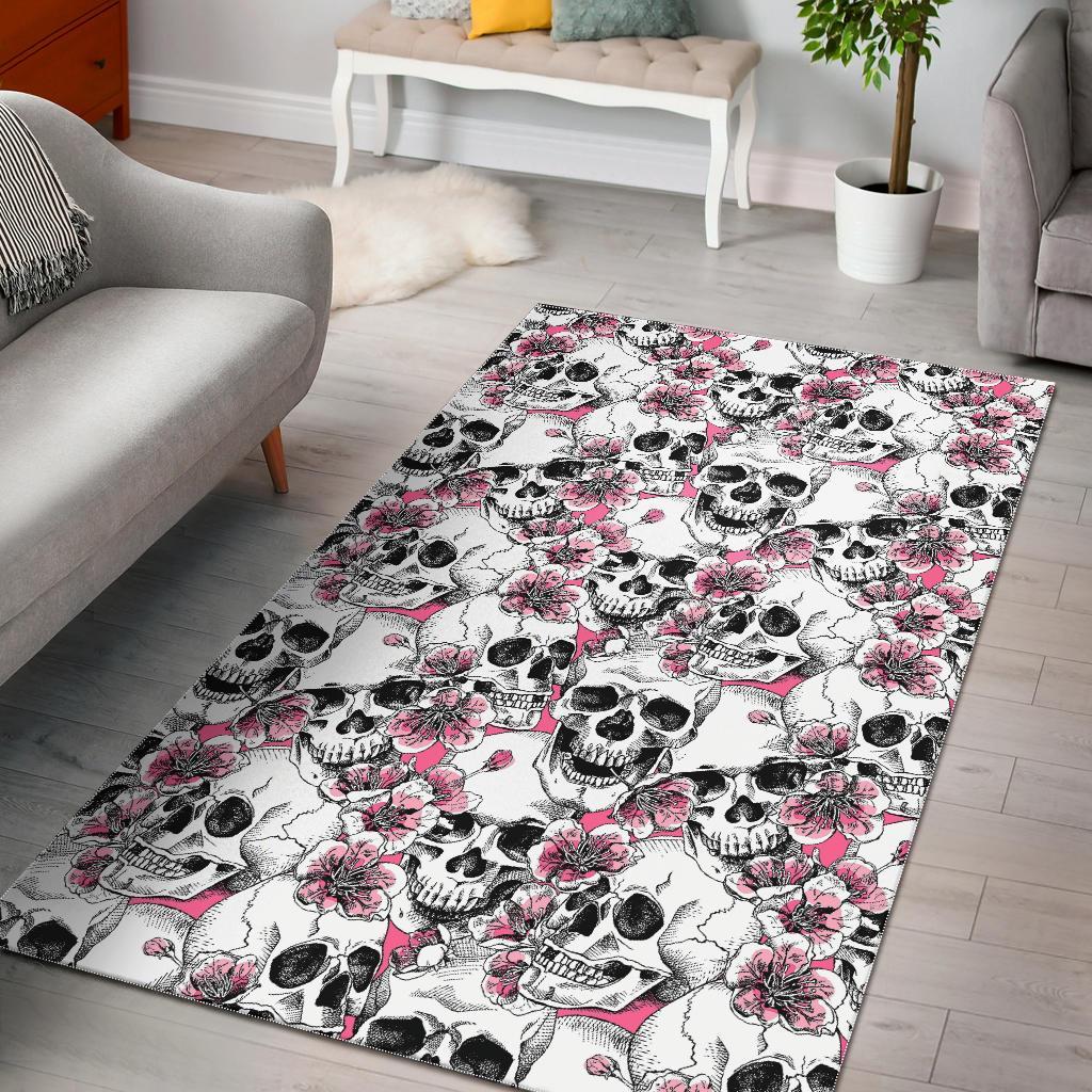 Pink Flowers Skull Pattern Print Area Rug Floor Decor