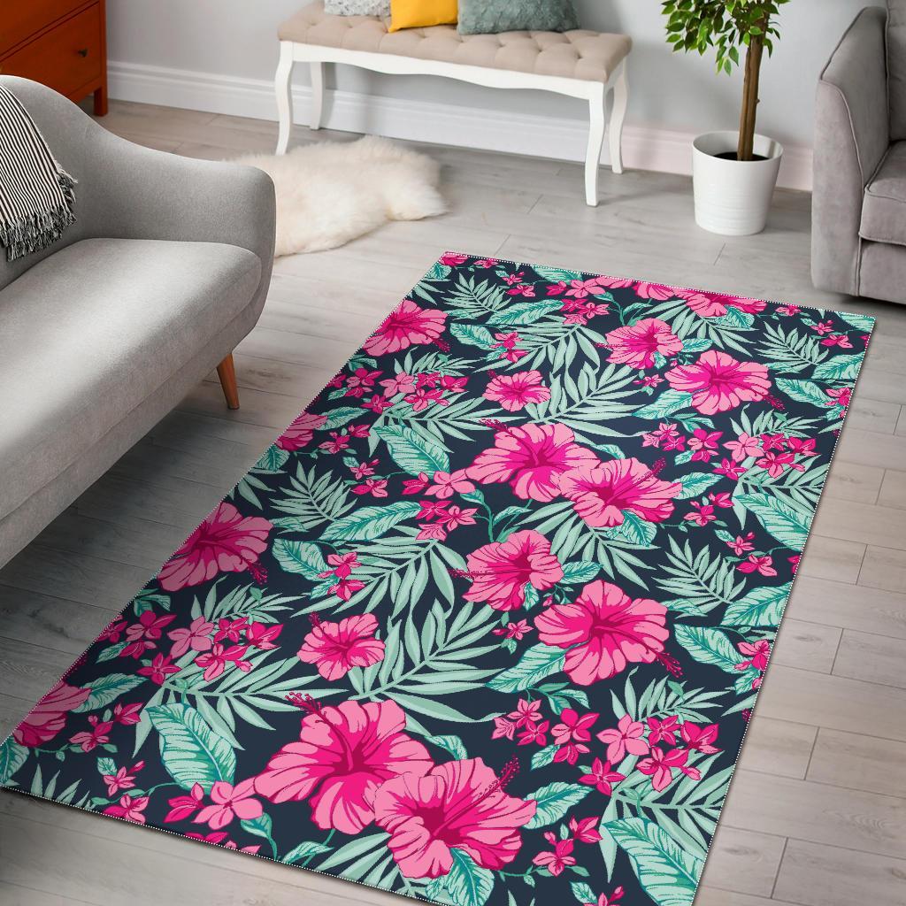 Pink Hibiscus Tropical Pattern Print Area Rug Floor Decor