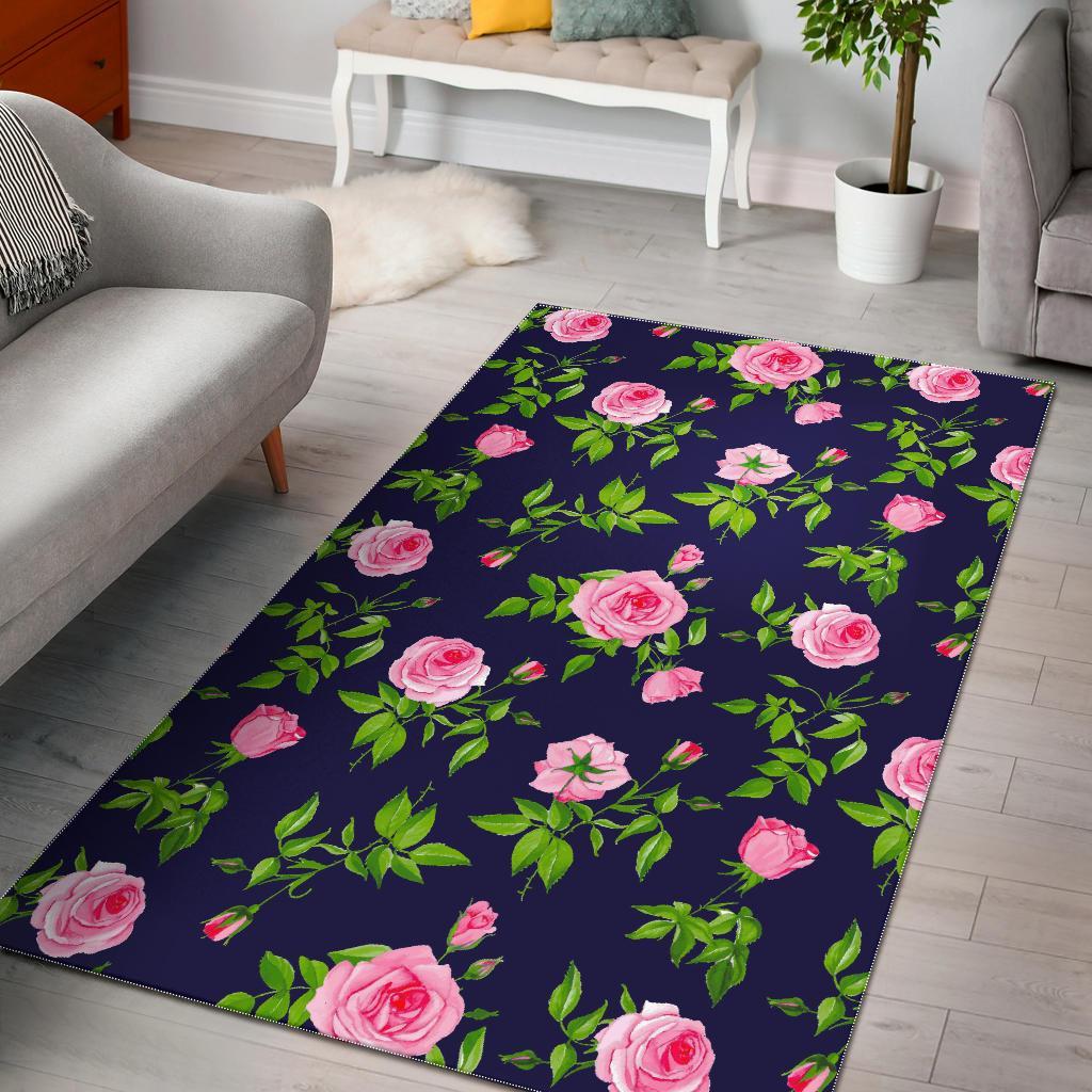 Pink Rose Floral Flower Pattern Print Area Rug Floor Decor