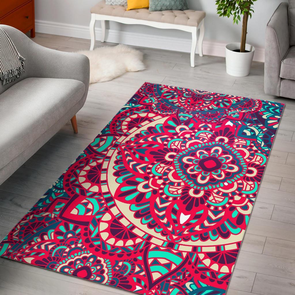Pink Teal Bohemian Mandala Pattern Print Area Rug Floor Decor
