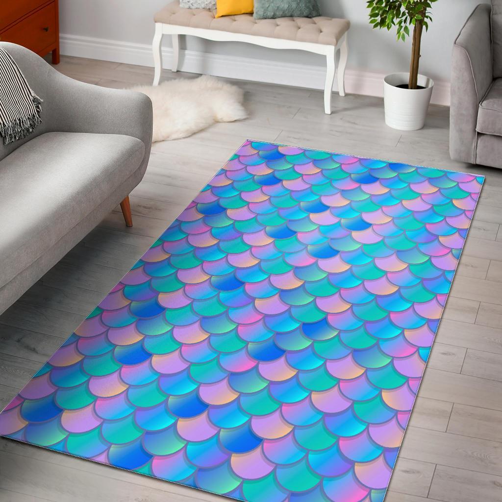 Pink Teal Mermaid Scales Pattern Print Area Rug Floor Decor