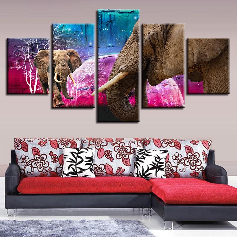 Planet Abstract And Elephant Night - Animal 5 Panel Canvas Art Wall Decor