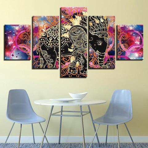 Psychedelic Mandala Elephant - Abstract Animal 5 Panel Canvas Art Wall Decor