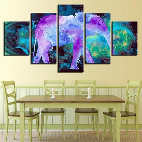 Psychedelic Purple Elephant - Abstract Animal 5 Panel Canvas Art Wall Decor