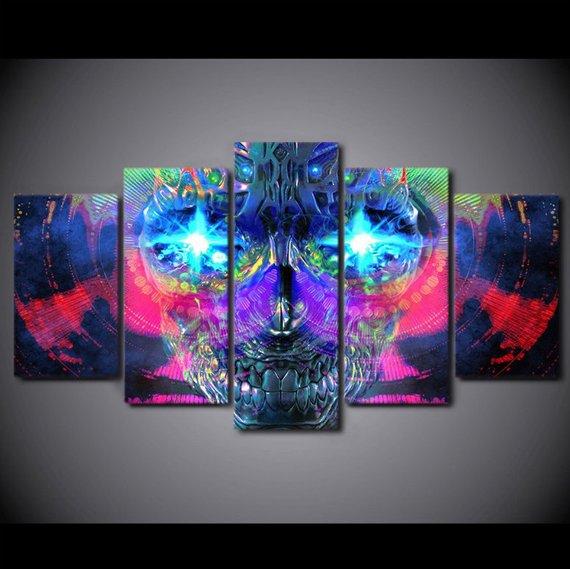 Psychedelic Skull Abstract Weed - Abstract 5 Panel Canvas Art Wall Decor