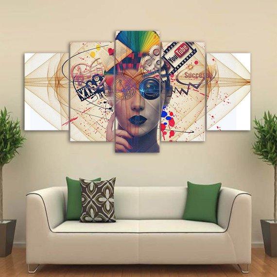 Psychedelic Woman Modernism Colorful Life Artistic Modern - Abstract 5 Panel Canvas Art Wall Decor