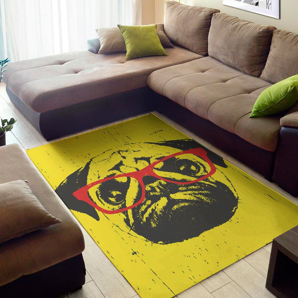 Pug With Glasses Portrait Print Area Rug Floor Decor