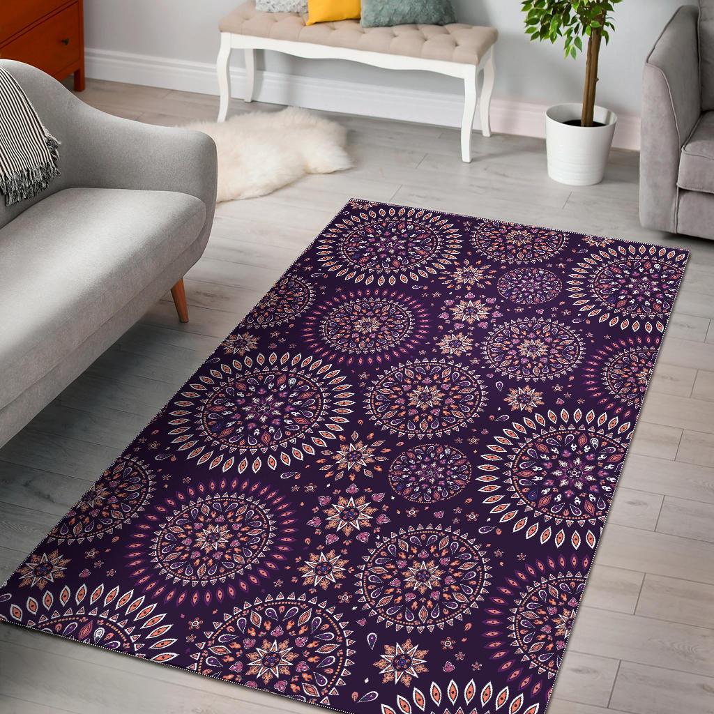 Purple Bohemian Mandala Pattern Print Area Rug Floor Decor