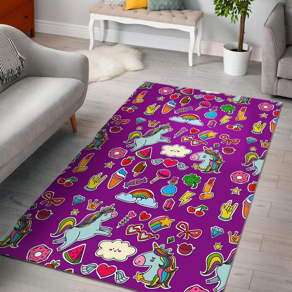 Purple Girly Unicorn Pattern Print Area Rug Floor Decor