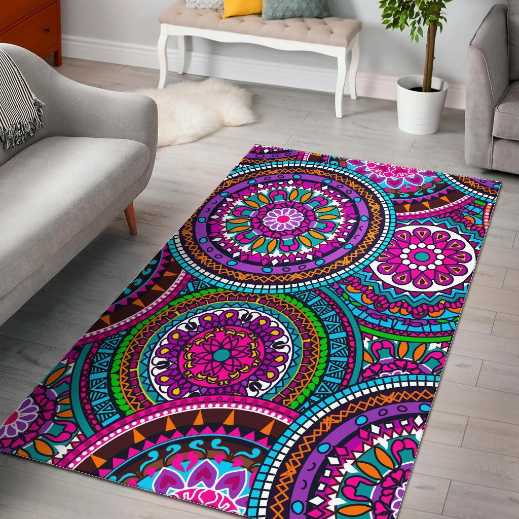 Purple Teal Circle Mandala Print Area Rug Floor Decor