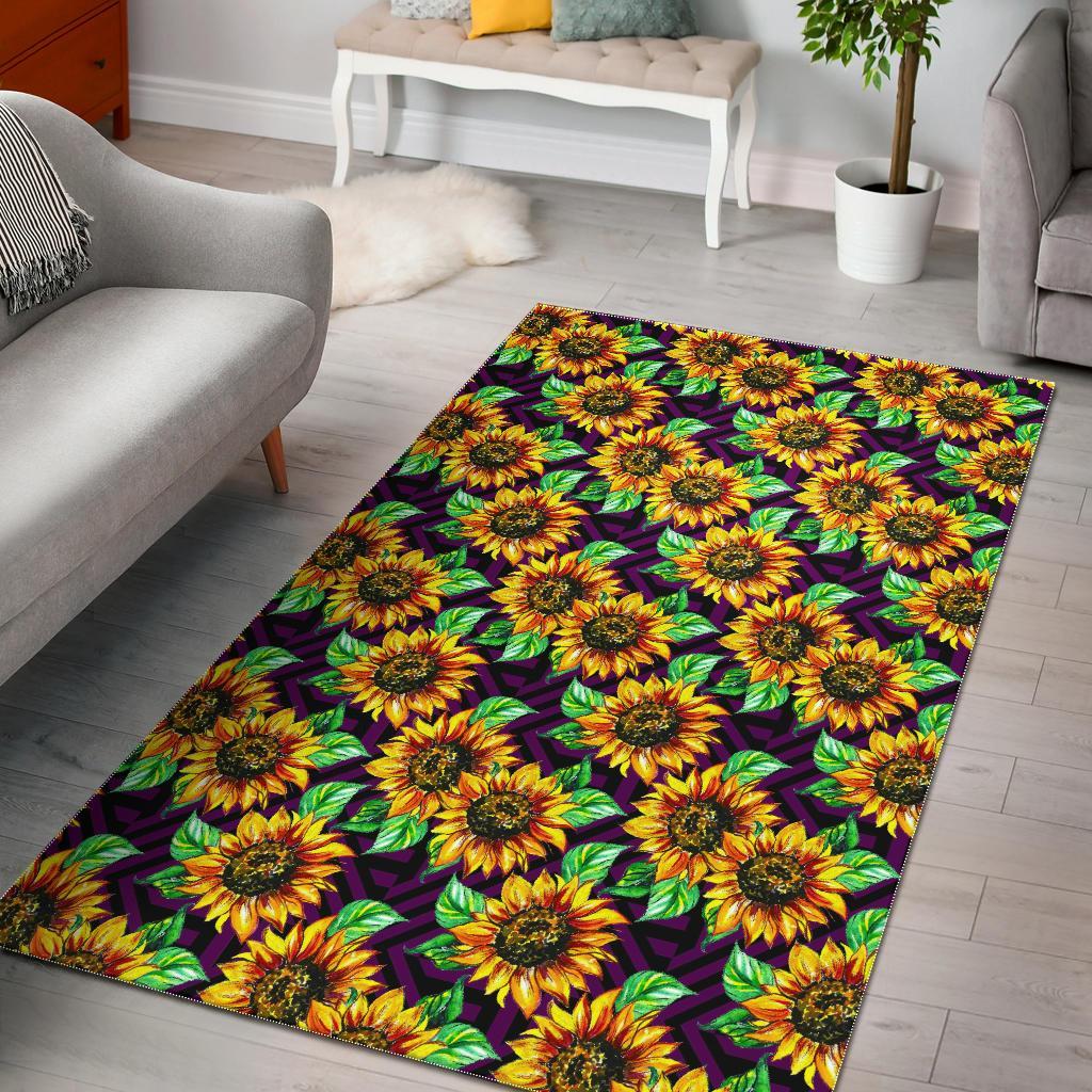 Purple Trippy Sunflower Pattern Print Area Rug Floor Decor