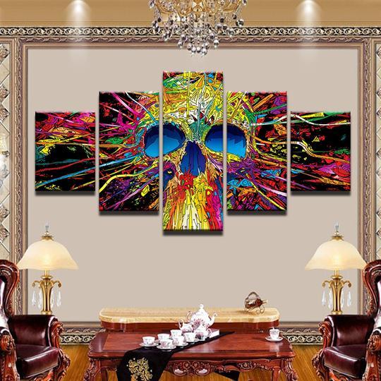 Pyschedellic Skull - Abstract 5 Panel Canvas Art Wall Decor