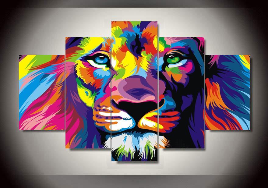 Rainbow African Lion Modern - Abstract Animal 5 Panel Canvas Art Wall Decor