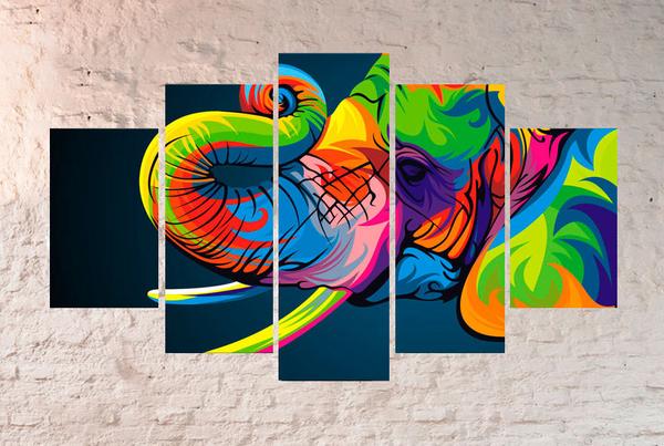 Rainbow Elephant - Abstract Animal 5 Panel Canvas Art Wall Decor