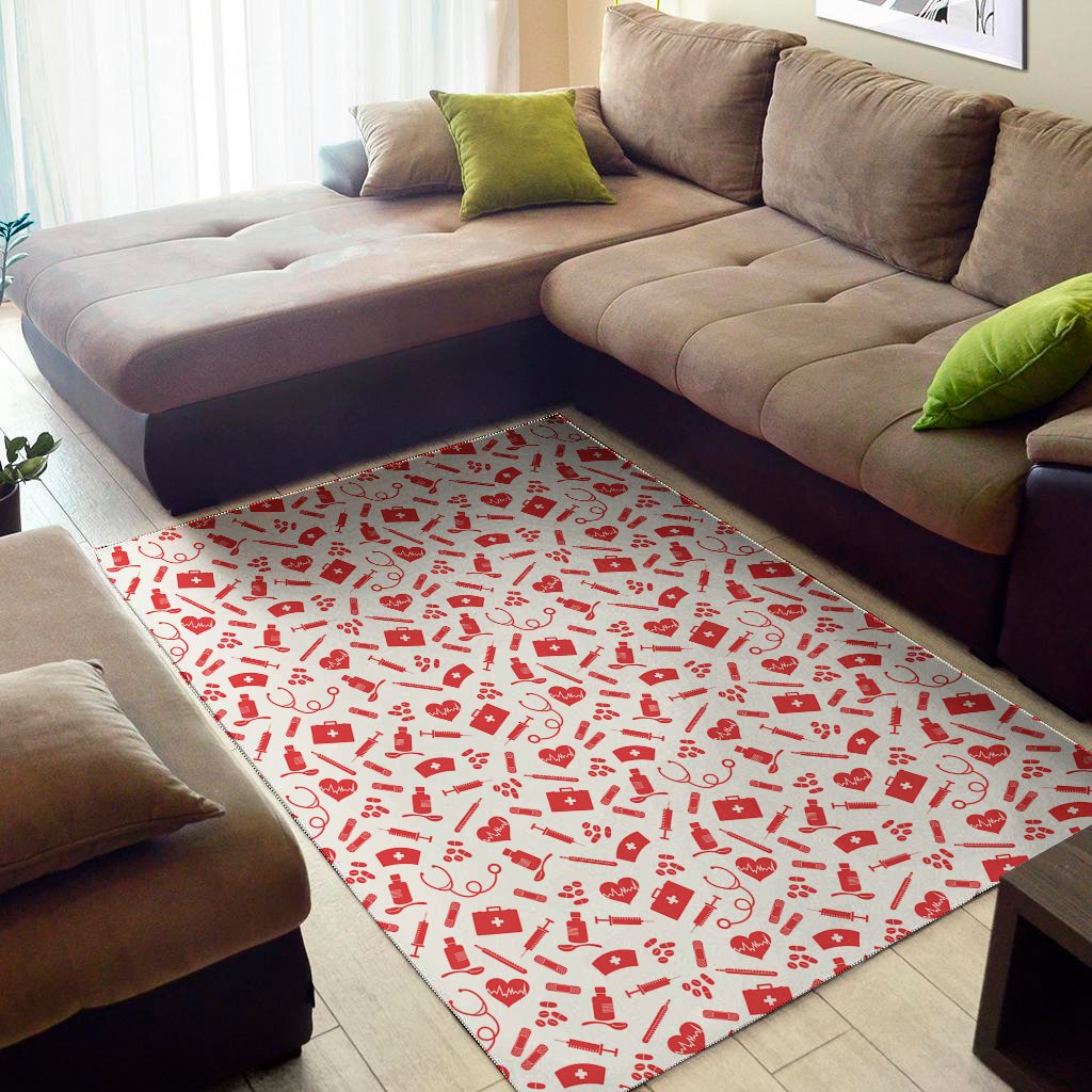 Red And White Nurse Pattern Print Area Rug Floor Decor
