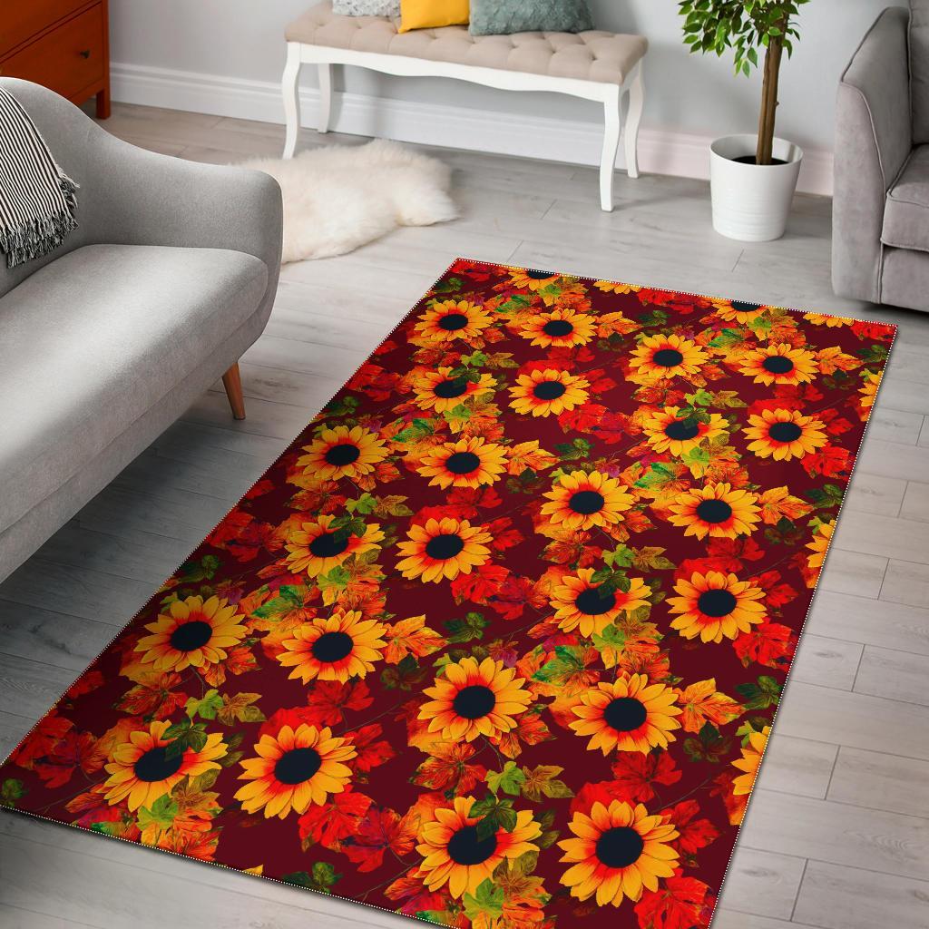 Red Autumn Sunflower Pattern Print Area Rug Floor Decor