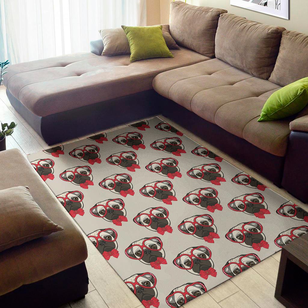 Red Glasses Pug Pattern Print Area Rug Floor Decor