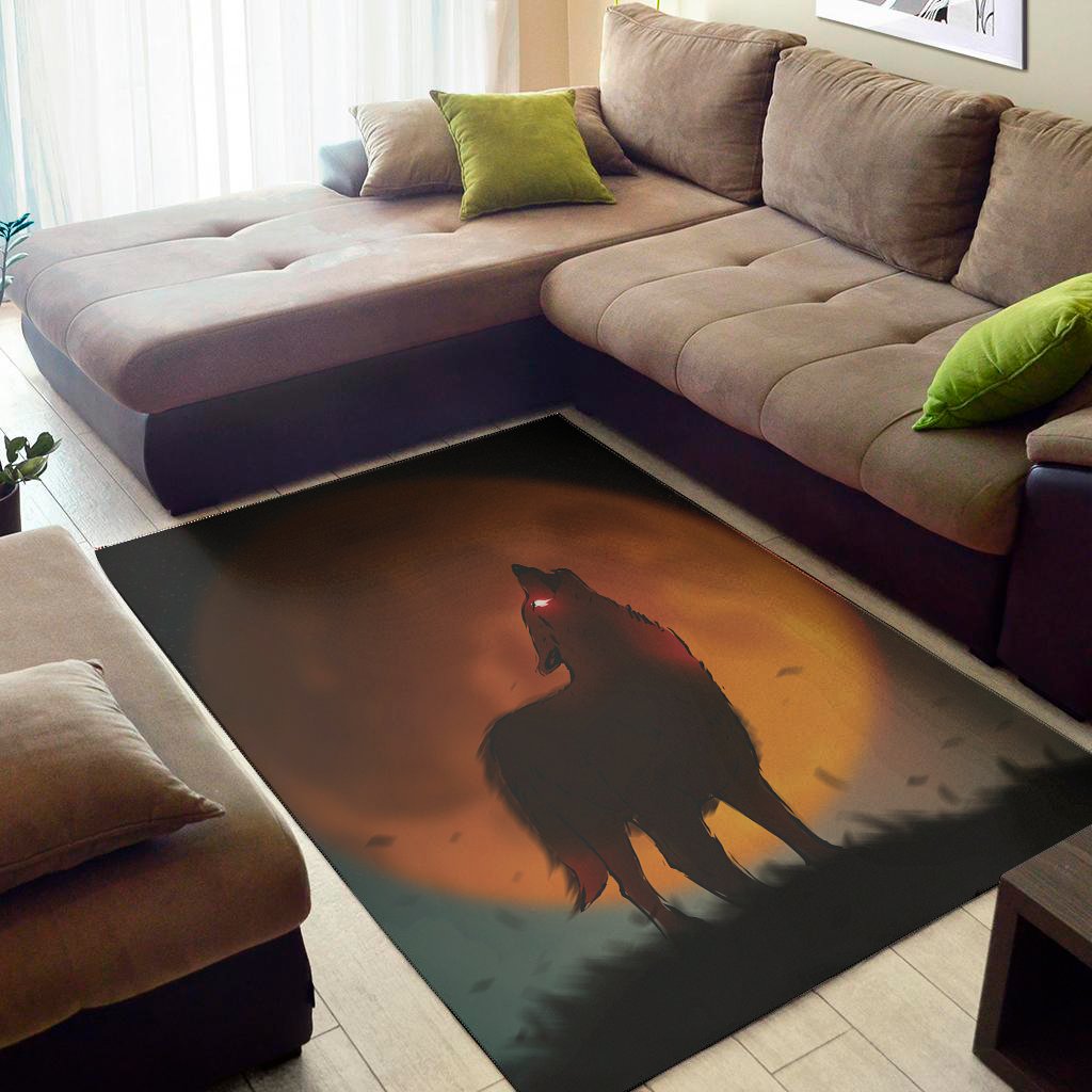 Red Moon Howling Wolf Print Area Rug Floor Decor