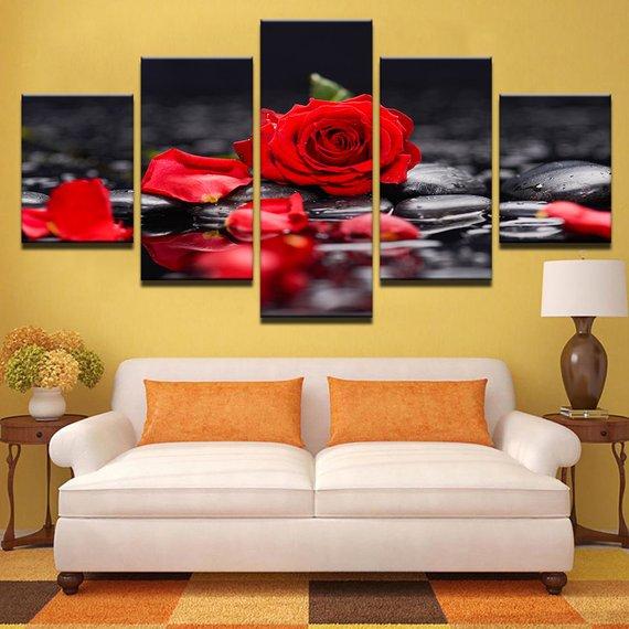 Red Rose Flowers Stone Petal Nature Landscape Abstract - Nature 5 Panel Canvas Art Wall Decor
