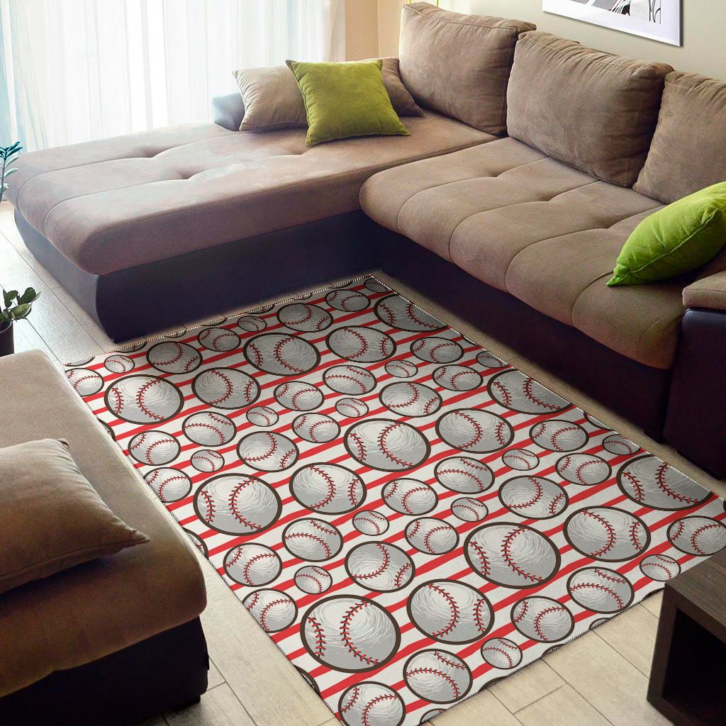 Red Striped Baseball Pattern Print Area Rug Floor Decor