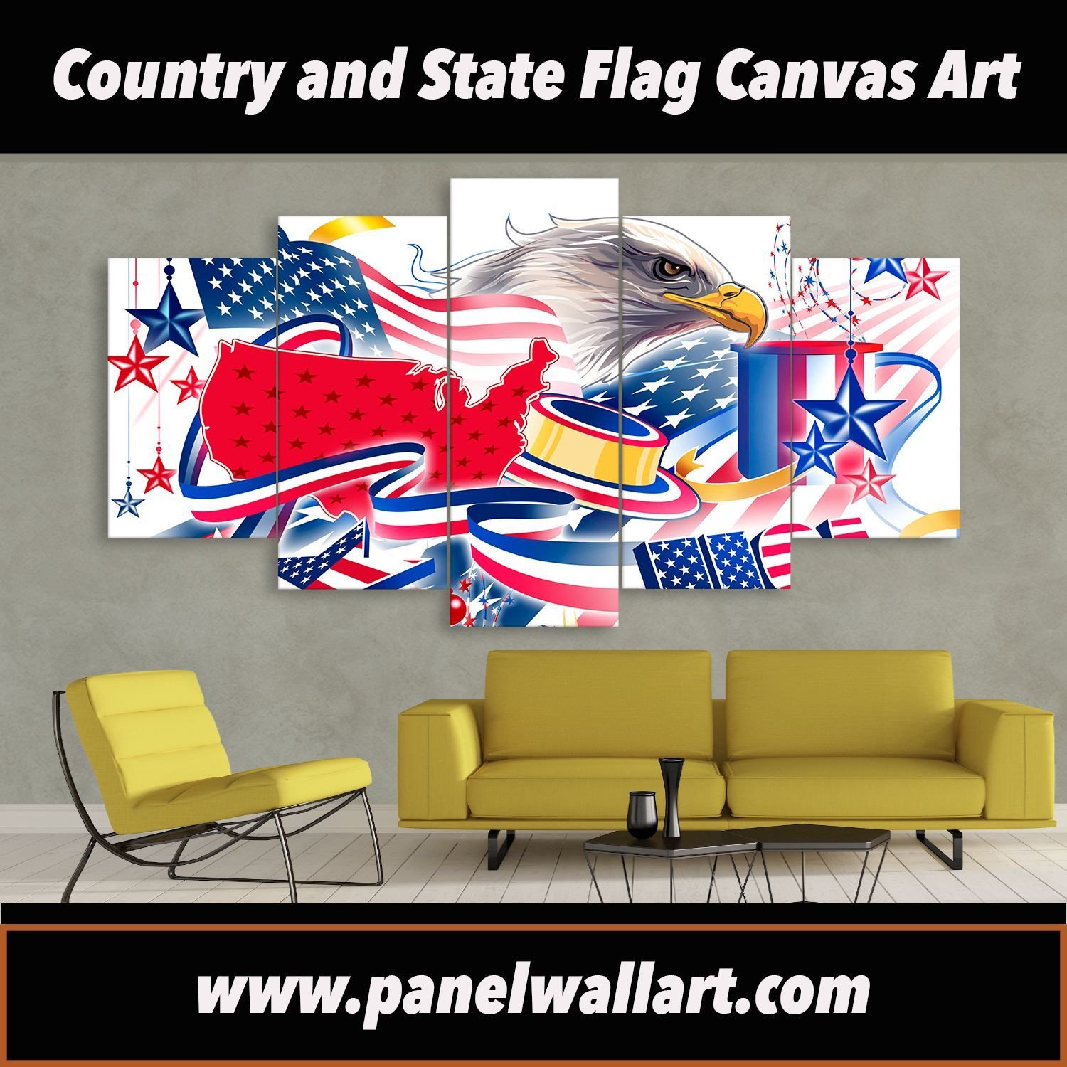 Retro Country Flag Art With America - Abstract 5 Panel Canvas Art Wall Decor