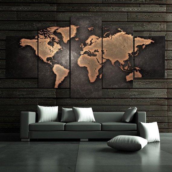 Retro World Map For Living - Word Map 5 Panel Canvas Art Wall Decor