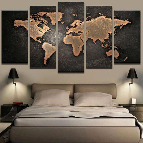 Retro World Map Vintage Brown Gold - Abstract 5 Panel Canvas Art Wall Decor