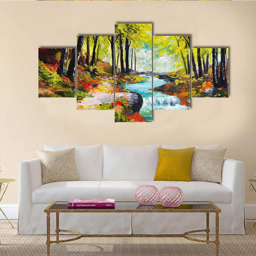 River In Autumn Forest - Abstract Nature 5 Panel Canvas Art Wall Decor