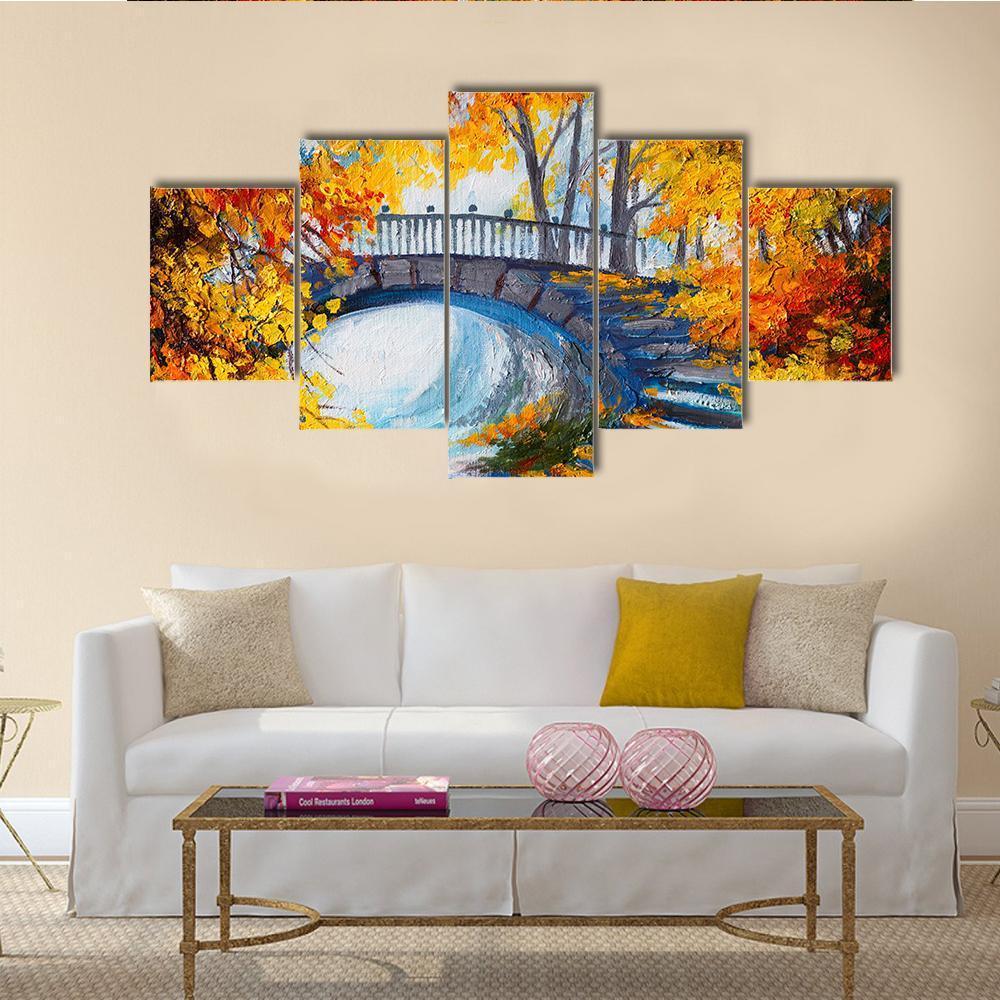Road And Bridge In Autumn Forest - Abstract Nature 5 Panel Canvas Art Wall Decor